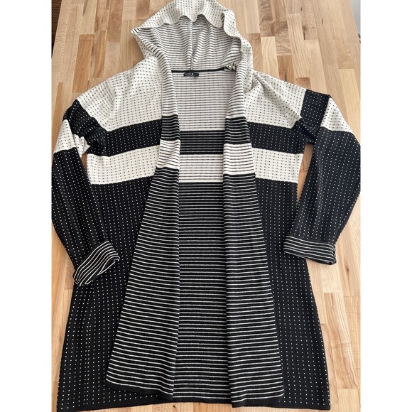 Bylyse Sweaters - Bylyse Hooded Open Front Cardigan Cream & Black Striped Polka Dot Blouse XL
